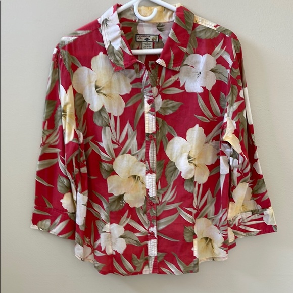 Caribbean Joe Tops - Women's Button Up Multi-Colored Floral Cotton Top Sz L